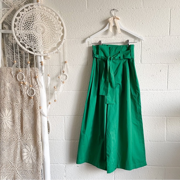 NWT Zara Green Cotton High Waist Belt Wide Leg Pants - Picture 6 of 13
